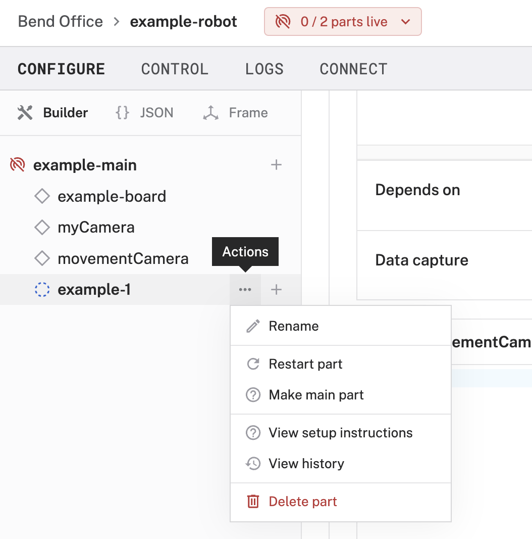 The Viam app interface with the part actions dropdown open. Options include rename, restart part, make main part, view setup instructions, view history, and delete part.