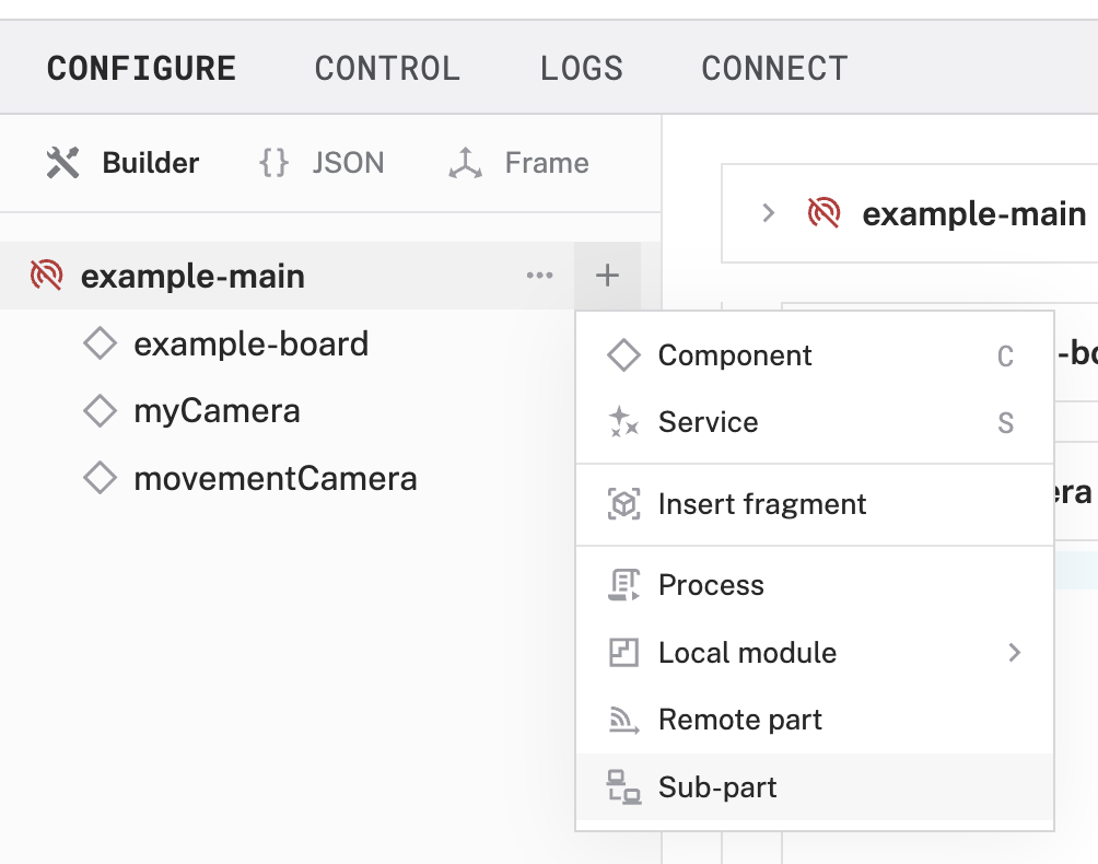 The Viam app interface with the create part dropdown open.