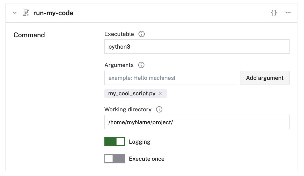 The CONFIGURE tab with a process called run-my-code configured. The executable is python3, the argument is my_cool_script.py, and the working directory is /home/myName/project. Logging is turned on and execute once is turned off.