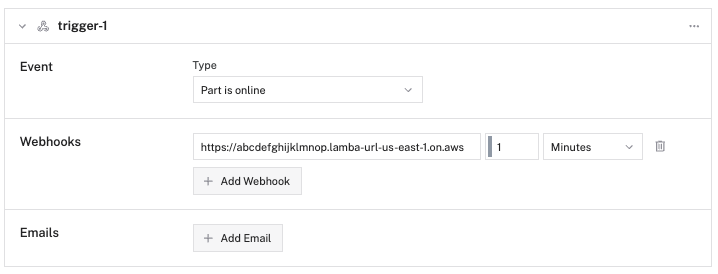 The trigger configured with an example URL in the Viam app.