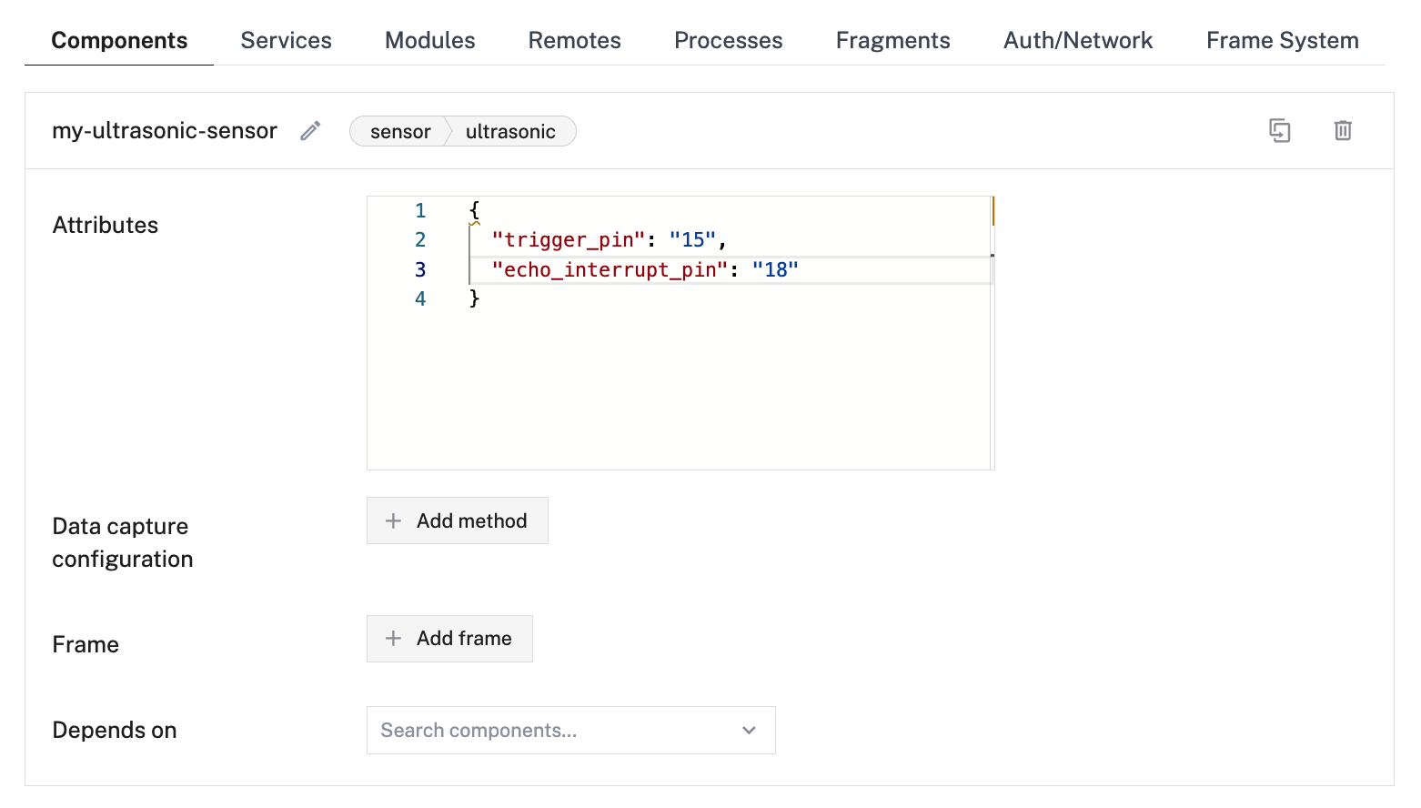 Creation of a ultrasonic sensor in the Viam app config builder.