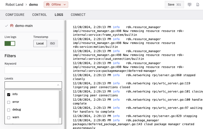 Filtering by log level of info in the logs tab of the Viam app.