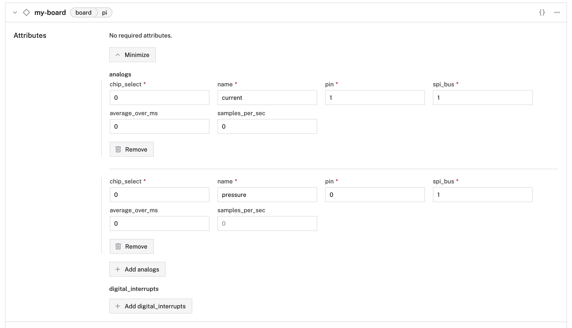 An example configuration for analogs in the Viam app Config Builder.