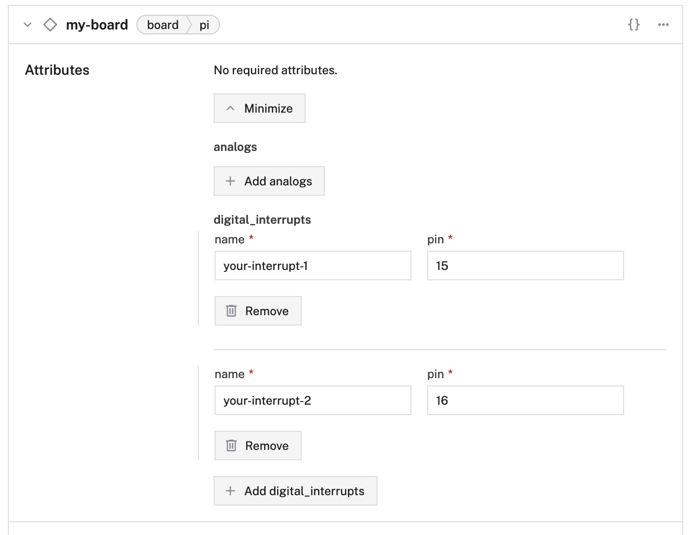 An example configuration for digital interrupts in the Viam app Config Builder.