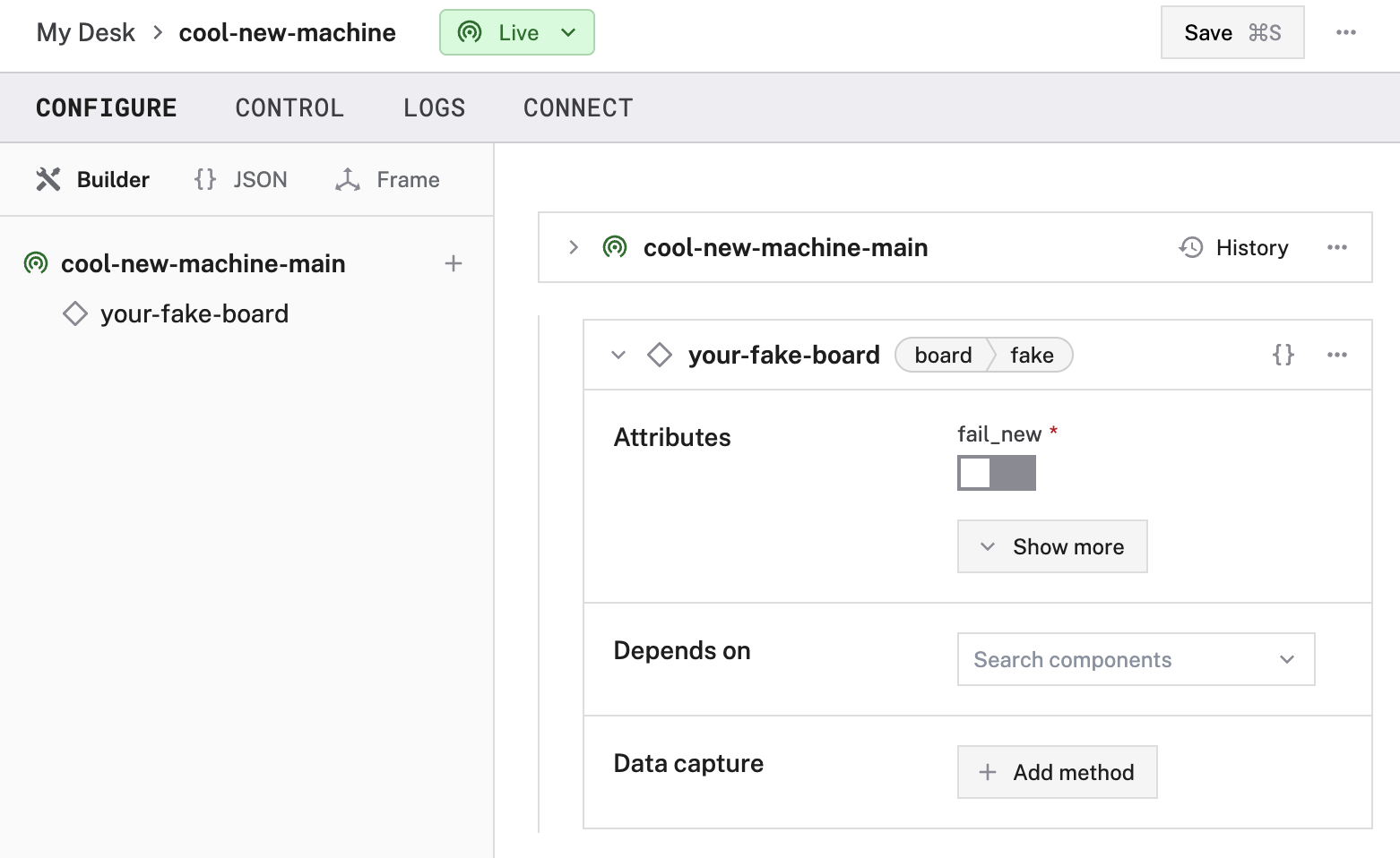 An example configuration for a fake board in the Viam app Config Builder.