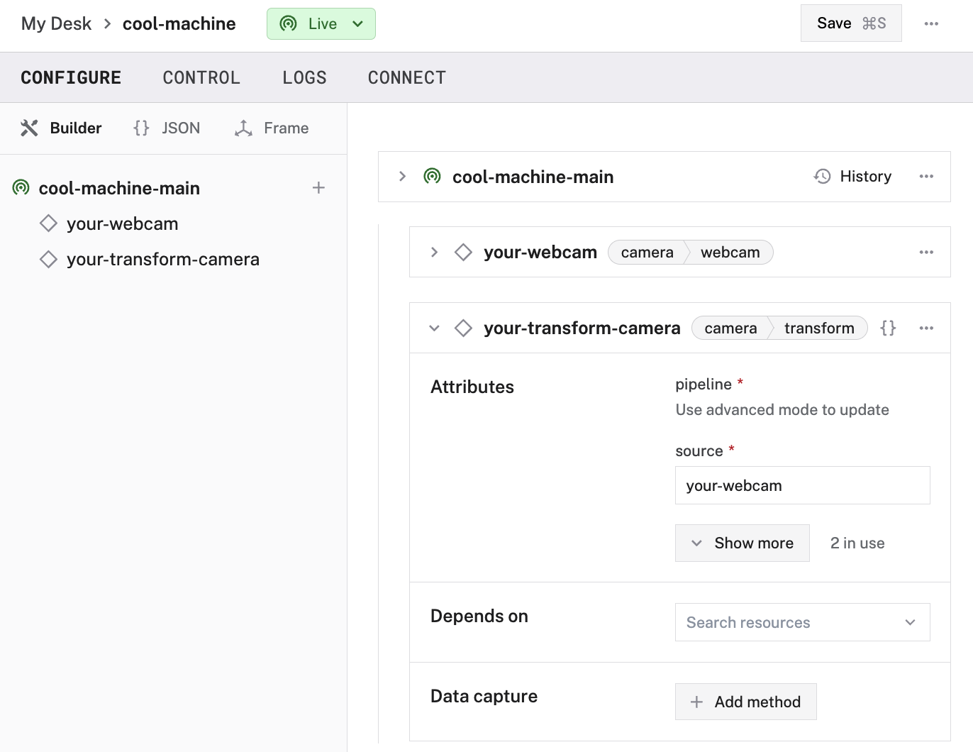 Configuration of an transform view in the Viam app config builder.