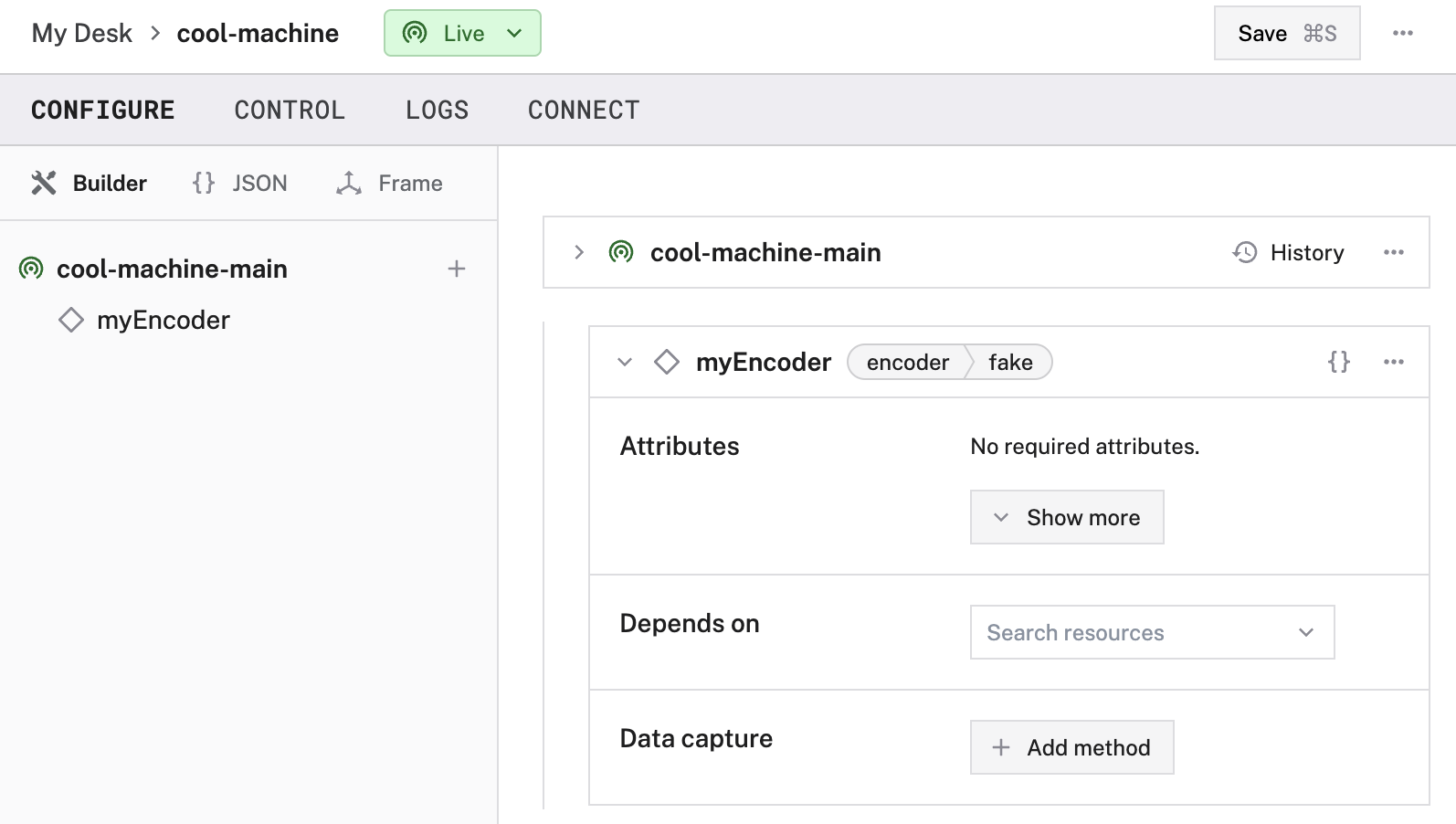 Configuration of a fake encoder in the Viam app config builder.