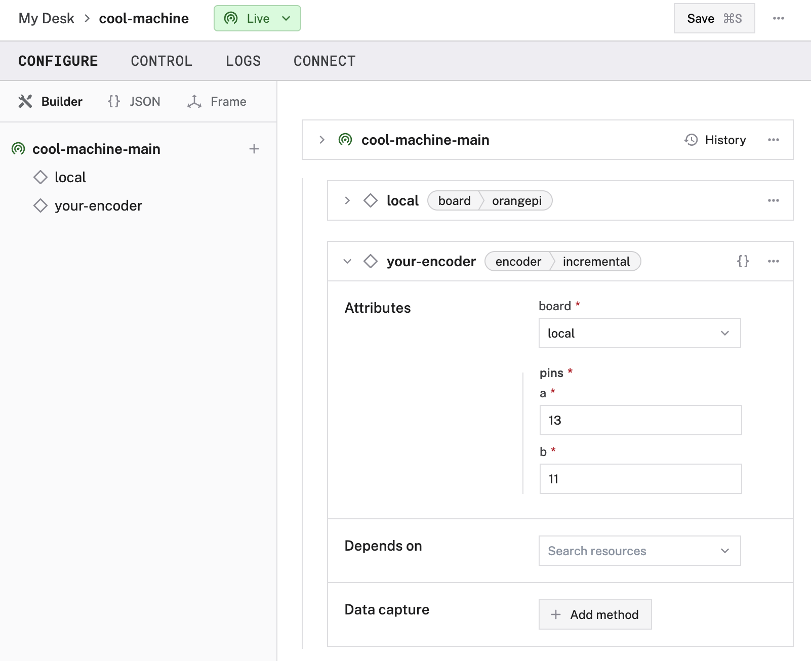 Configuration of an incremental encoder in the Viam app config builder.