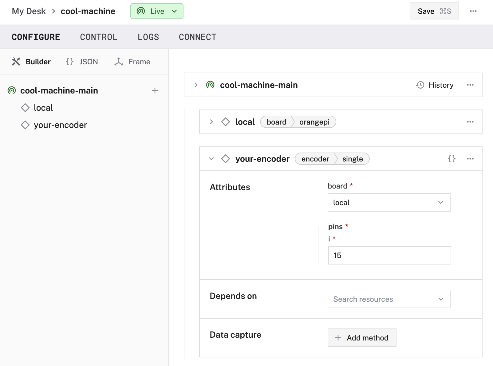 Configuration of a single encoder in the Viam app config builder.