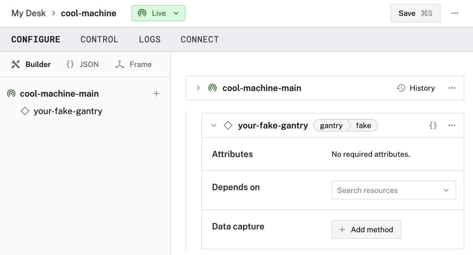An example configuration for a fake gantry in the Viam app Config Builder.