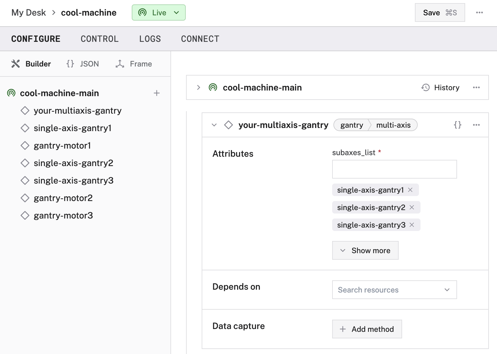 Creation of a multi-axis gantry component in the Viam app config builder.