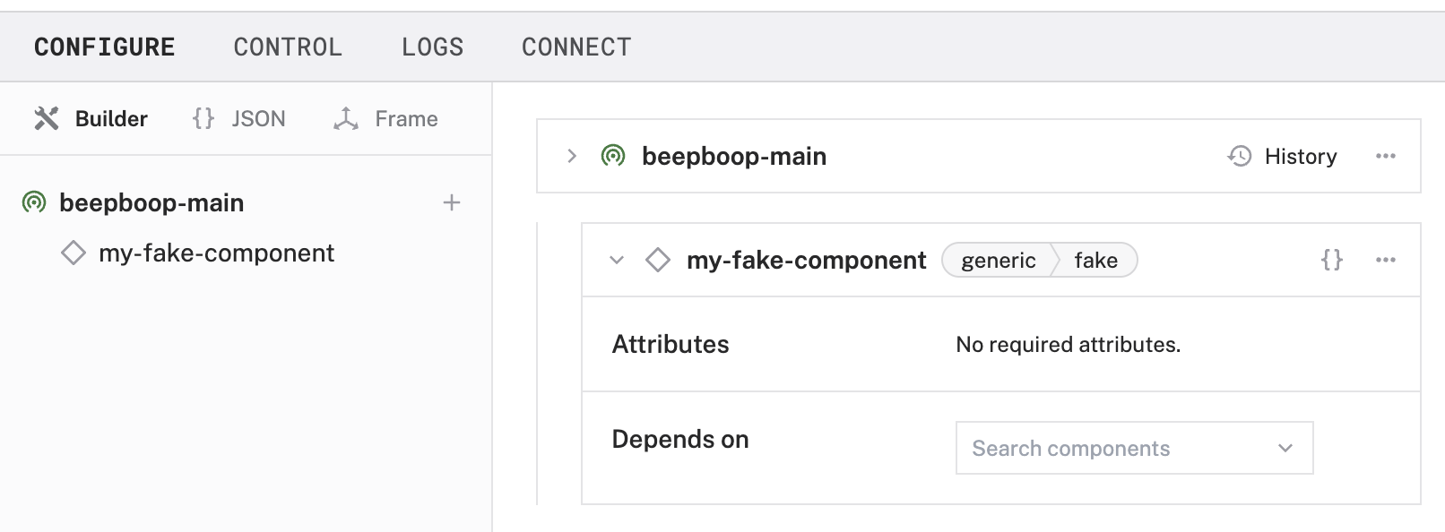 An example configuration for a fake generic component in the Viam app Config Builder.
