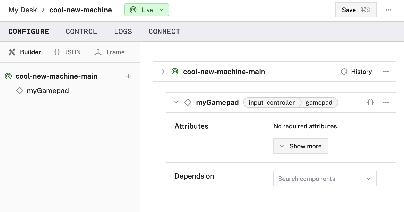 An example configuration for a linux-based gamepad input controller component in the Viam App config builder