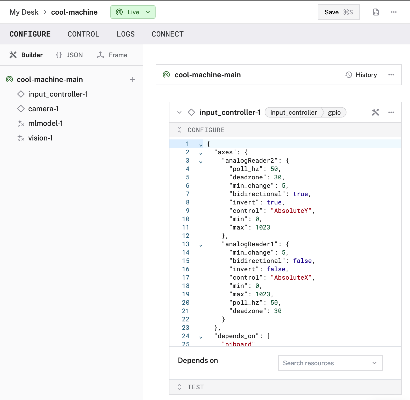 An example configuration for a GPIO input controller component in the Viam App config builder