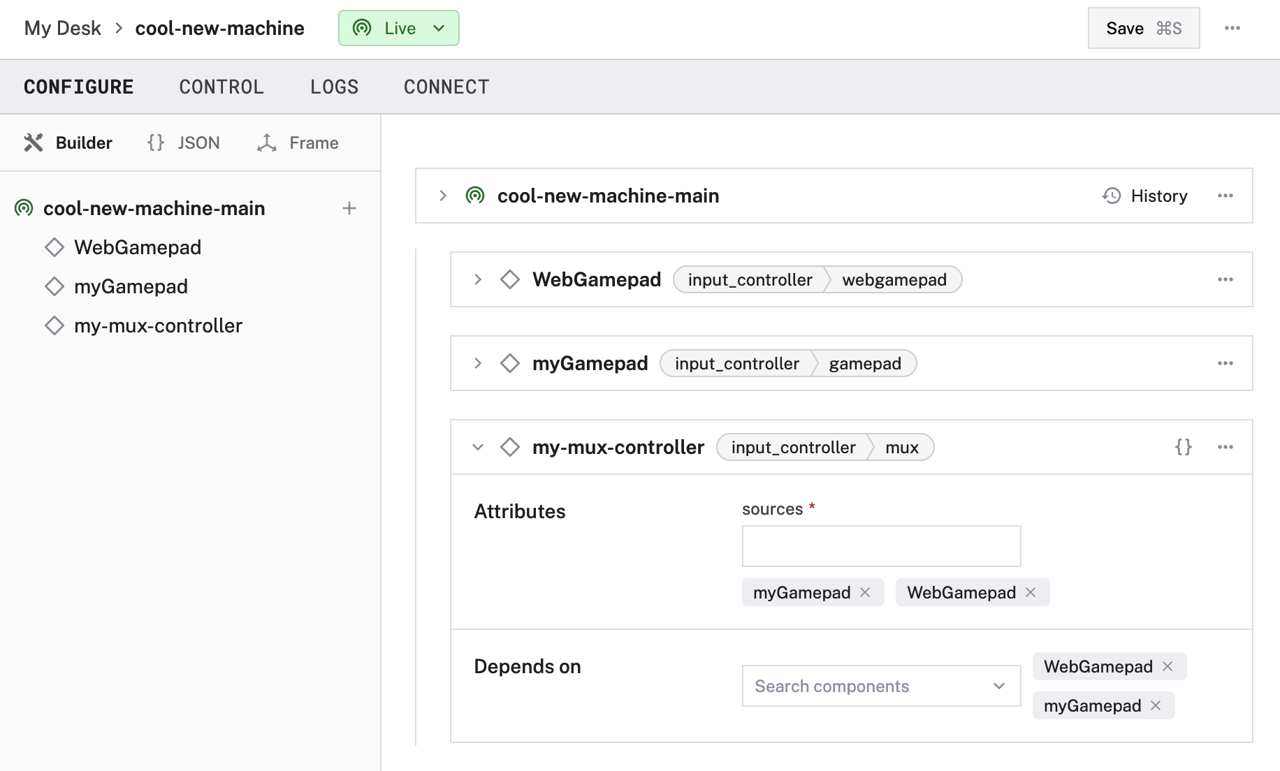 An example configuration for a multiplexed input controller component in the Viam App config builder
