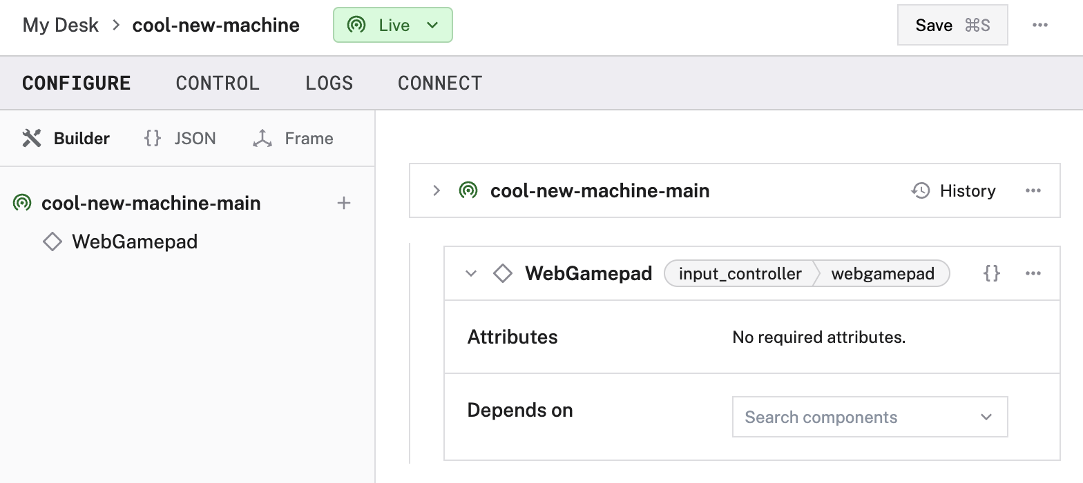 An example configuration for a web-based gamepad input controller component in the Viam App config builder