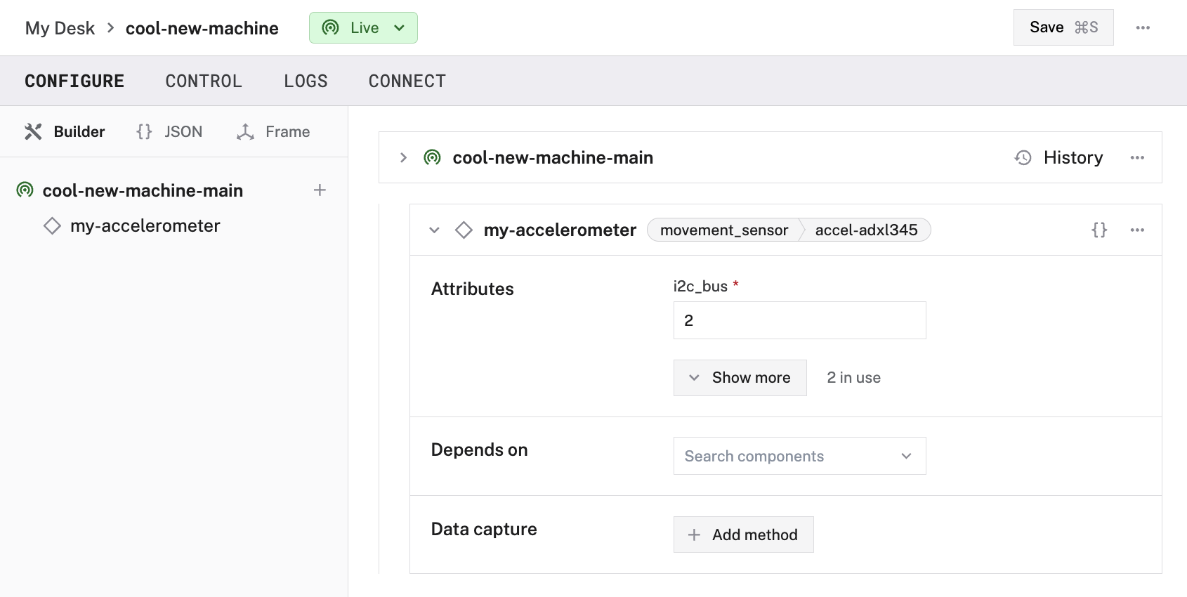 Creation of an `accel-adxl345` movement sensor in the Viam app config builder.