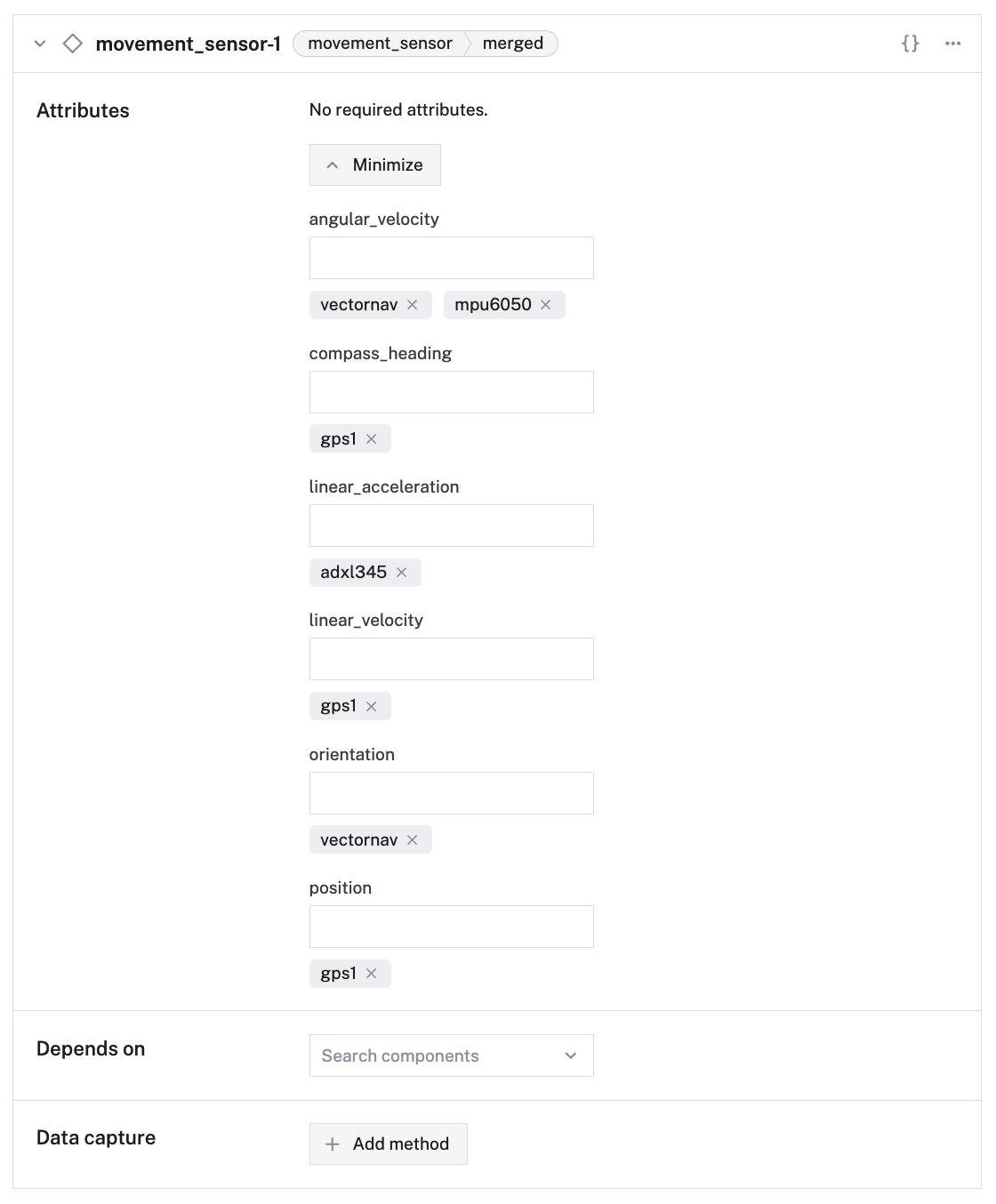 Creation of an `merged` movement sensor with attributes filled in in the Viam app config builder.