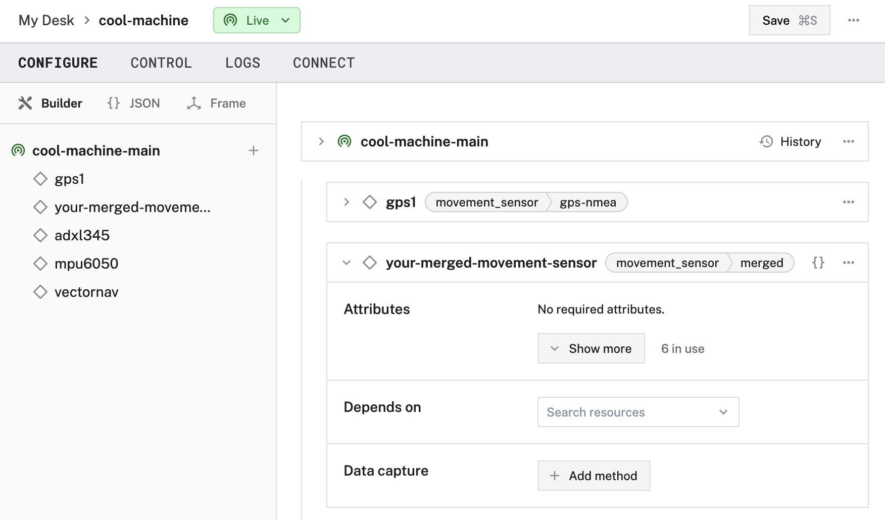 Creation of an `merged` movement sensor in the Viam app config builder.