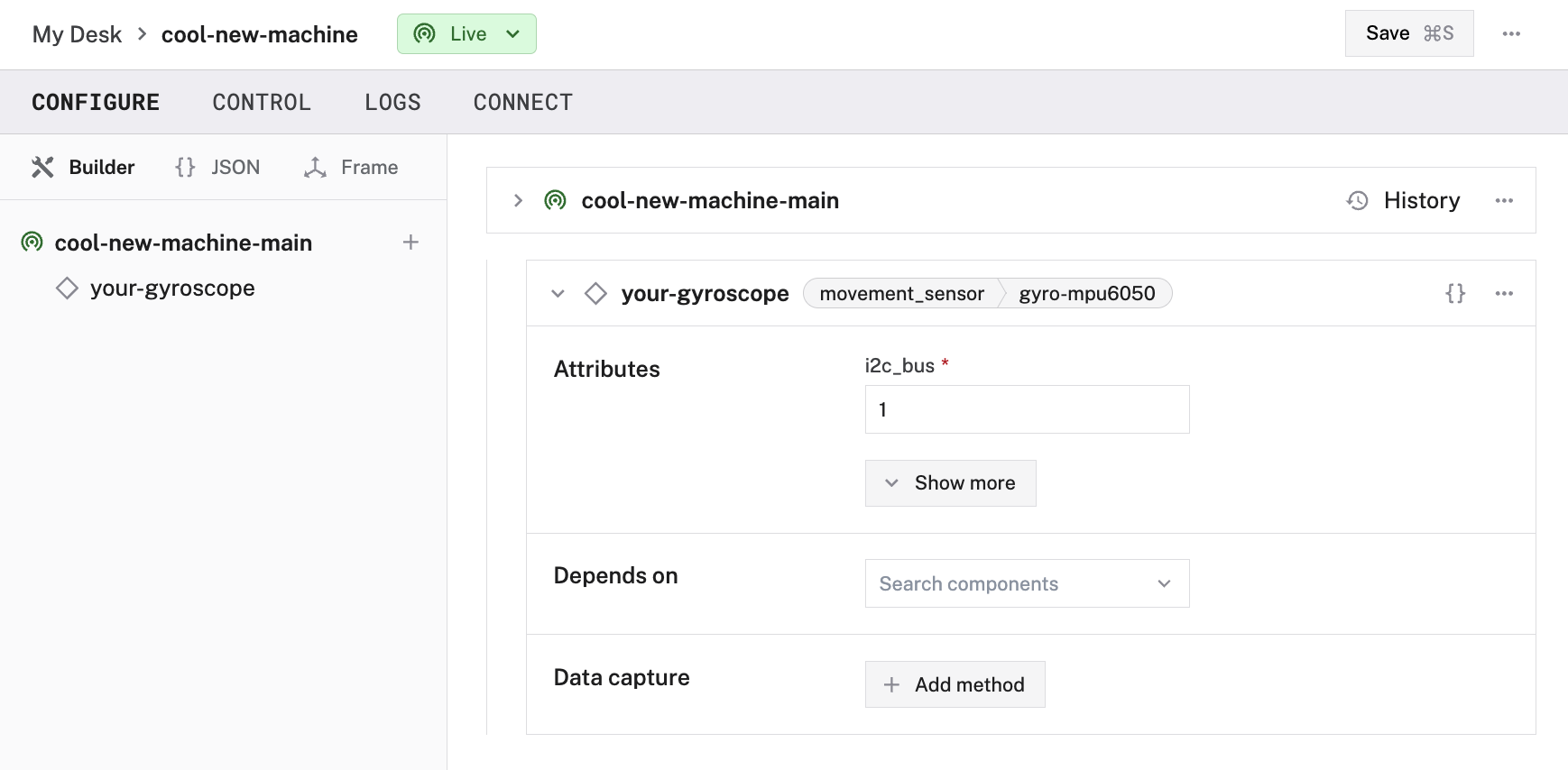 Creation of an `gyro-mpu6050` movement sensor in the Viam app config builder.