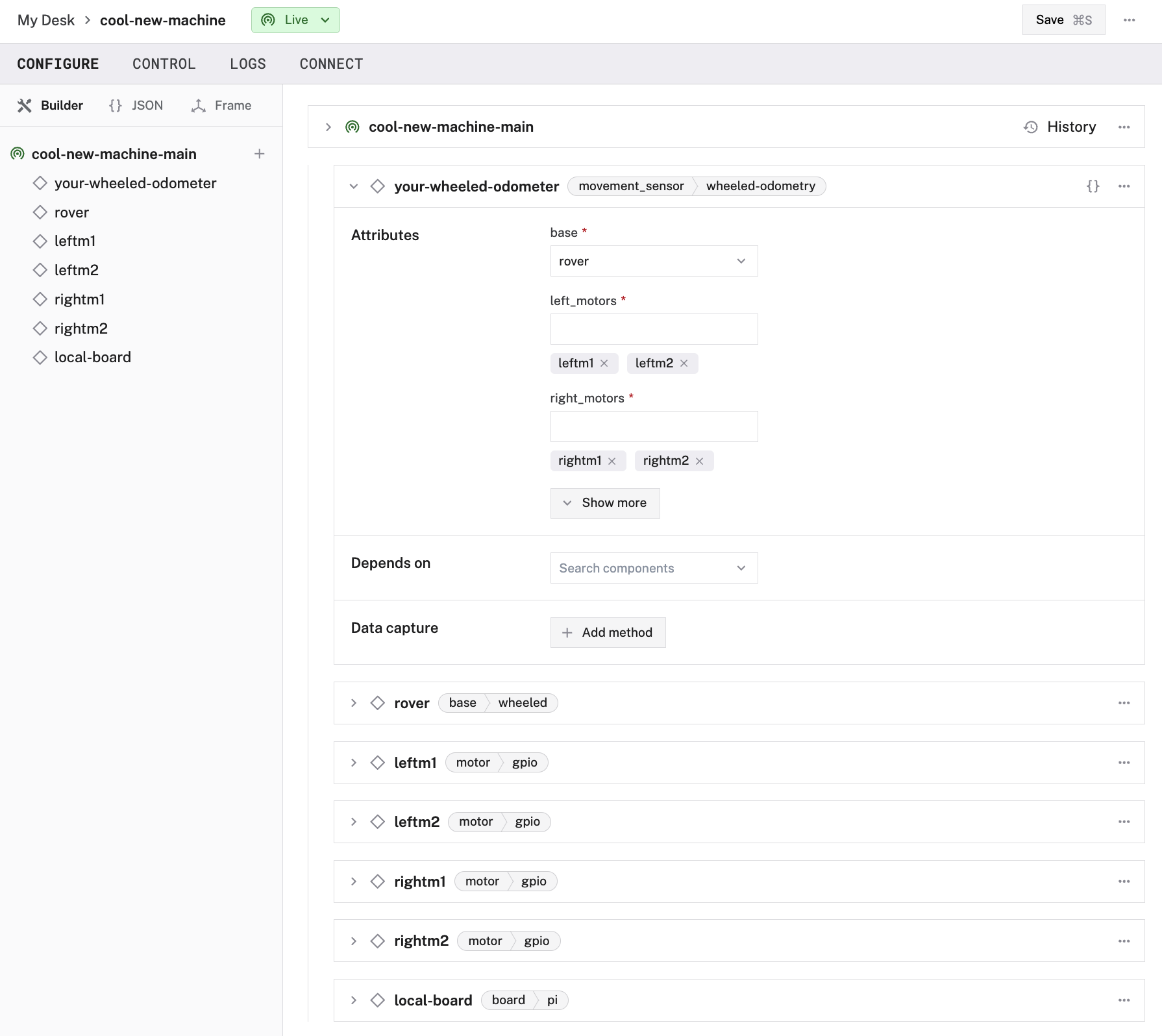 Creation of an `wheeled-odometry` movement sensor in the Viam app config builder.