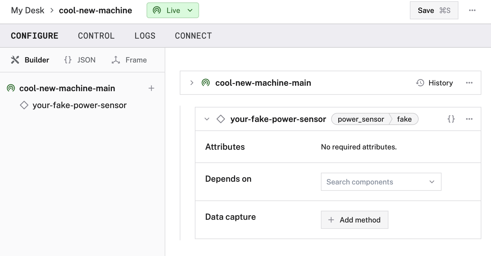 Fake power sensor configuration panel in the Viam app. No attributes are configured.