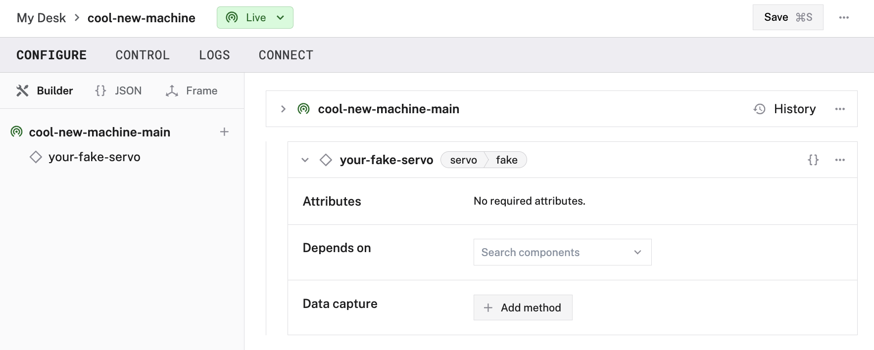 An example configuration for a fake servo in the Viam app Config Builder.