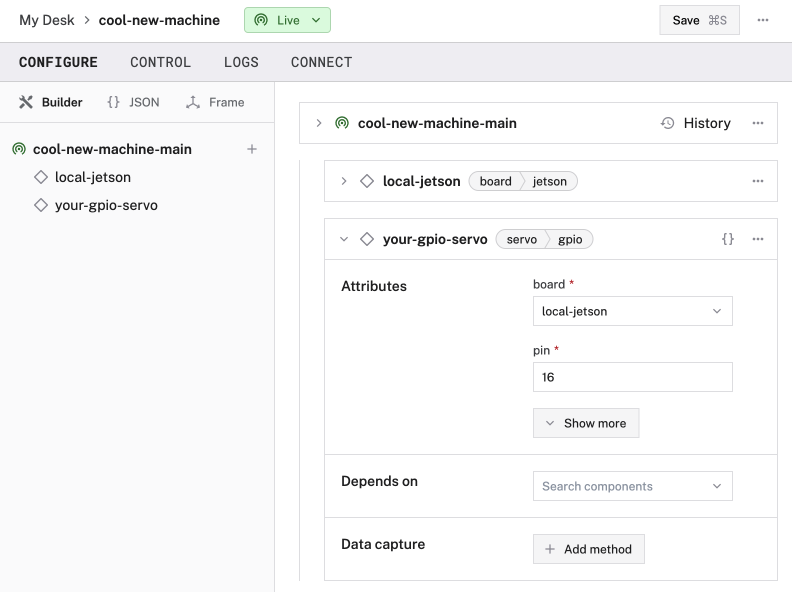 An example configuration for a gpio servo in the Viam app Config Builder.