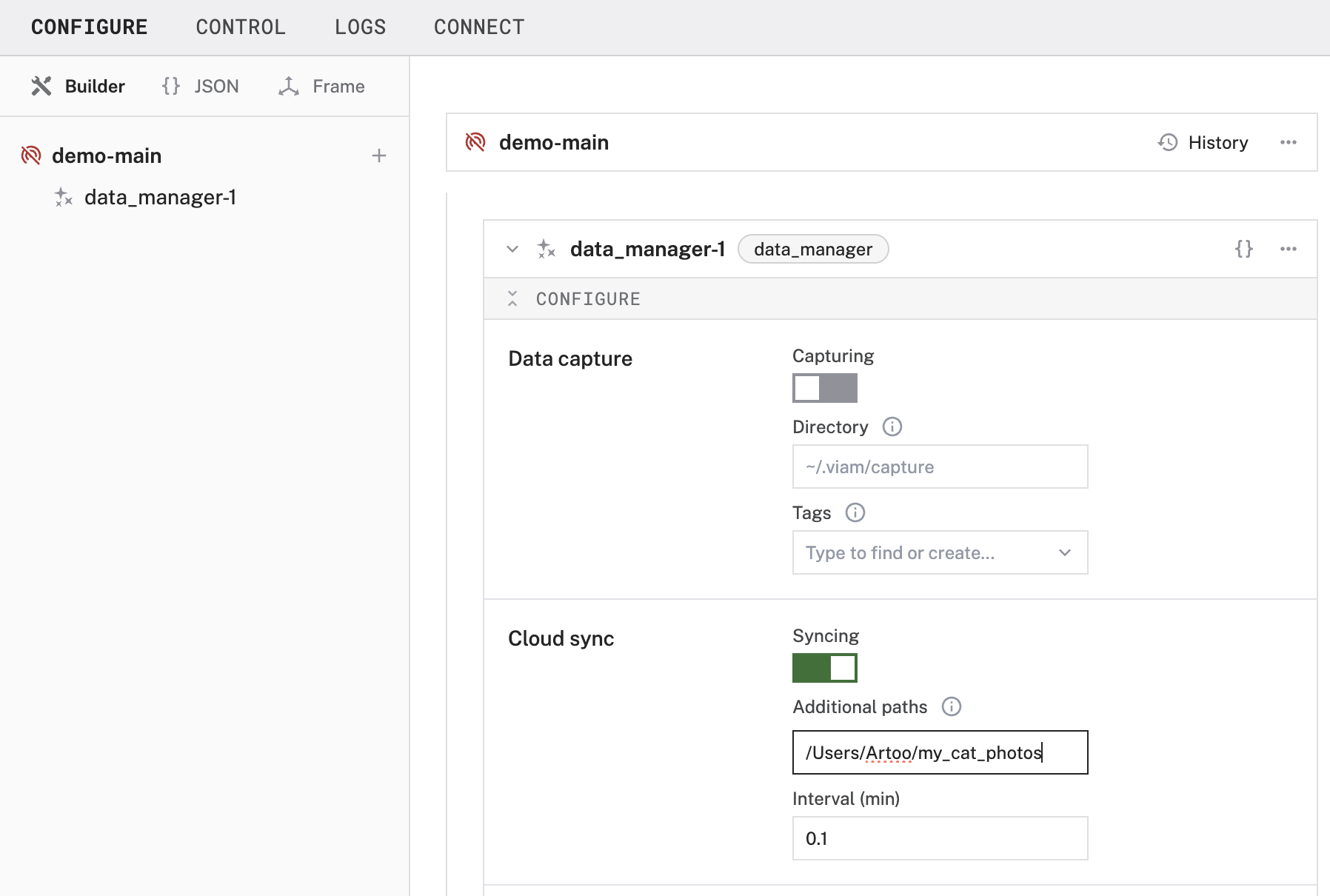Data service configured in the Viam app as described.
