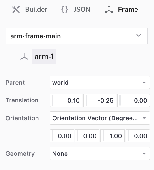 Frame card for an arm with a translation of 0.1 meters and -0.25 meters configured