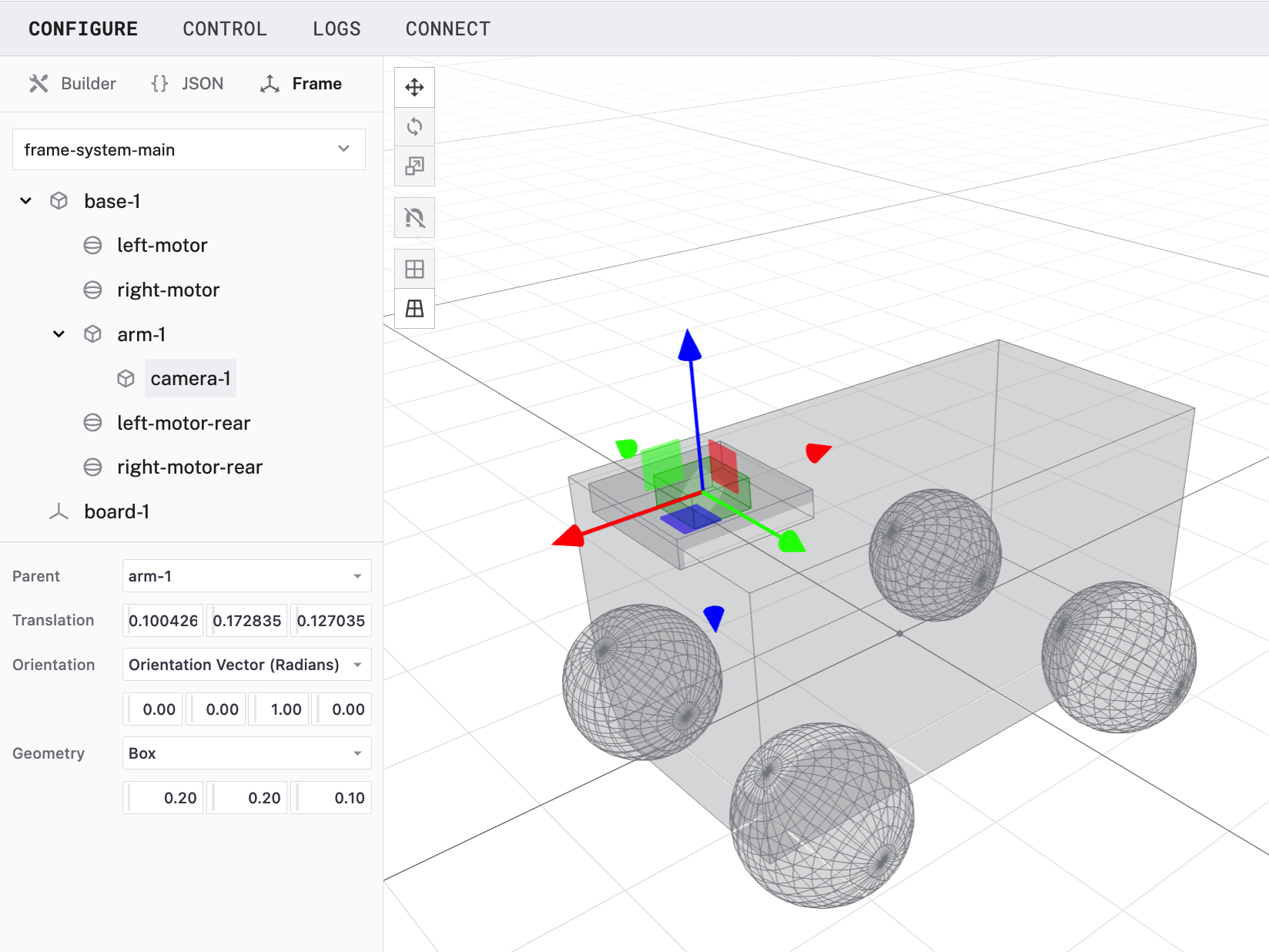 Visualization of a wheeled base configured with motors and a mounted camera in the frame system tab of the Viam app UI