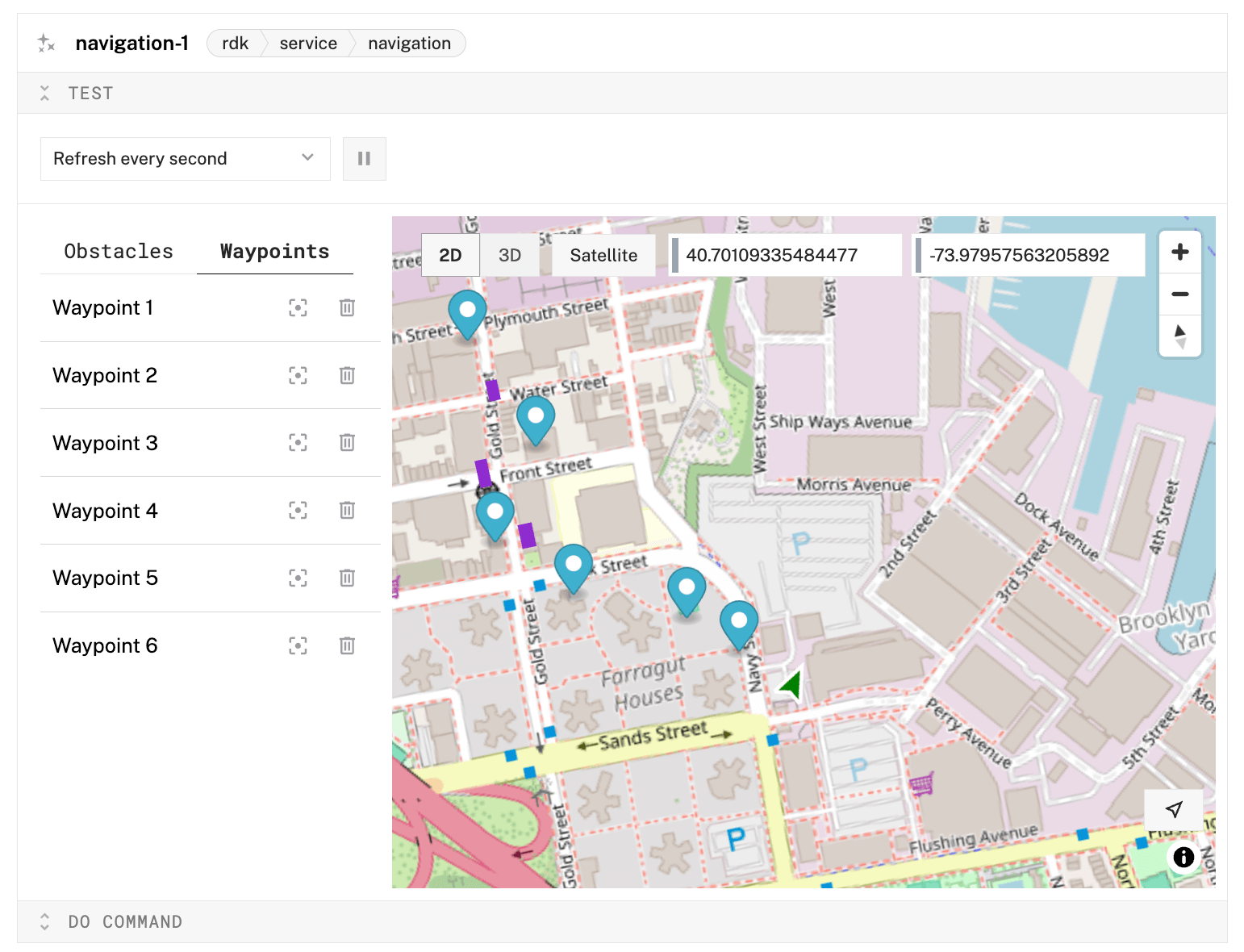 An example control interface for a navigation service in the Viam app Control Tab.