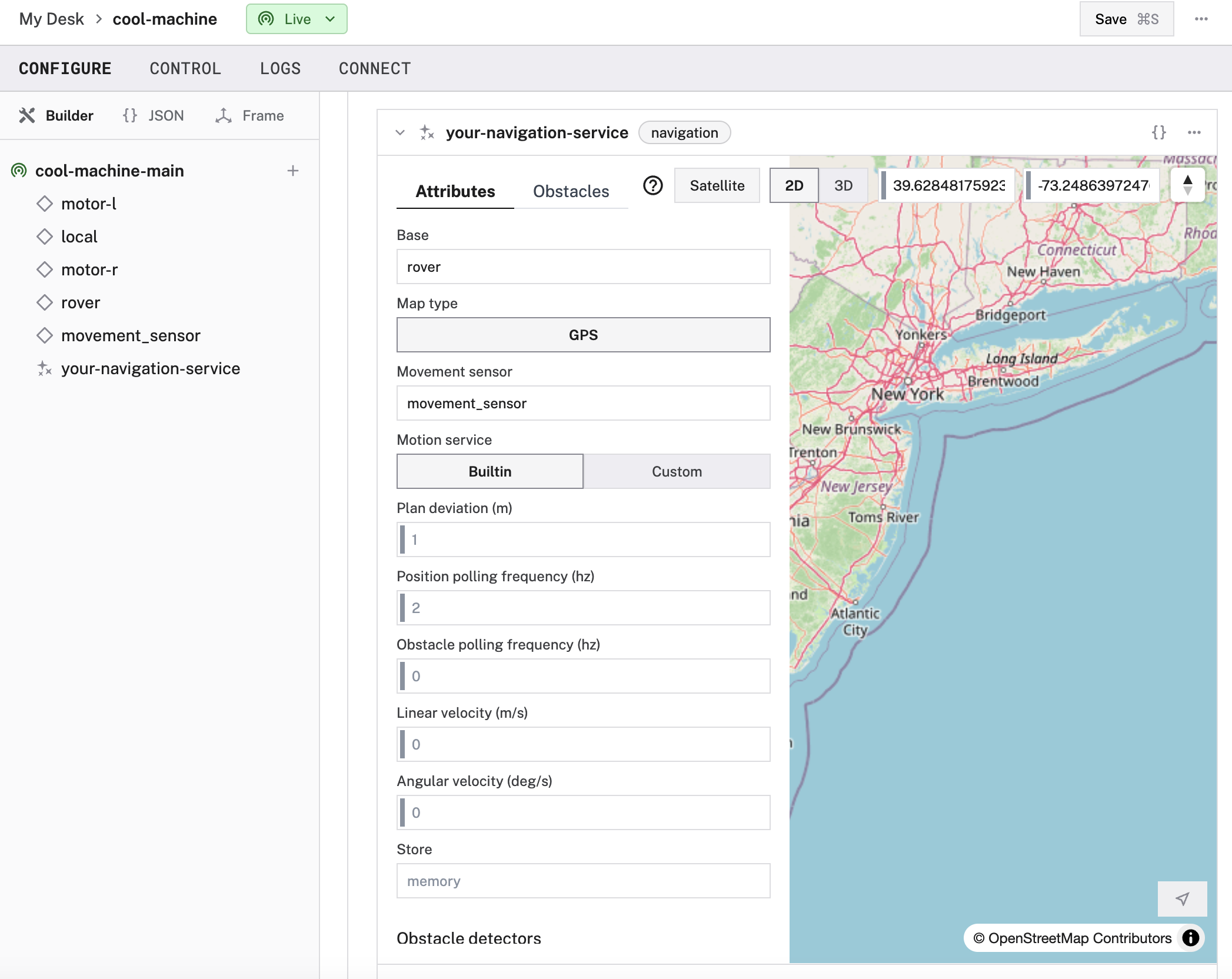An example configuration for a navigation service in the Viam app Config Builder.