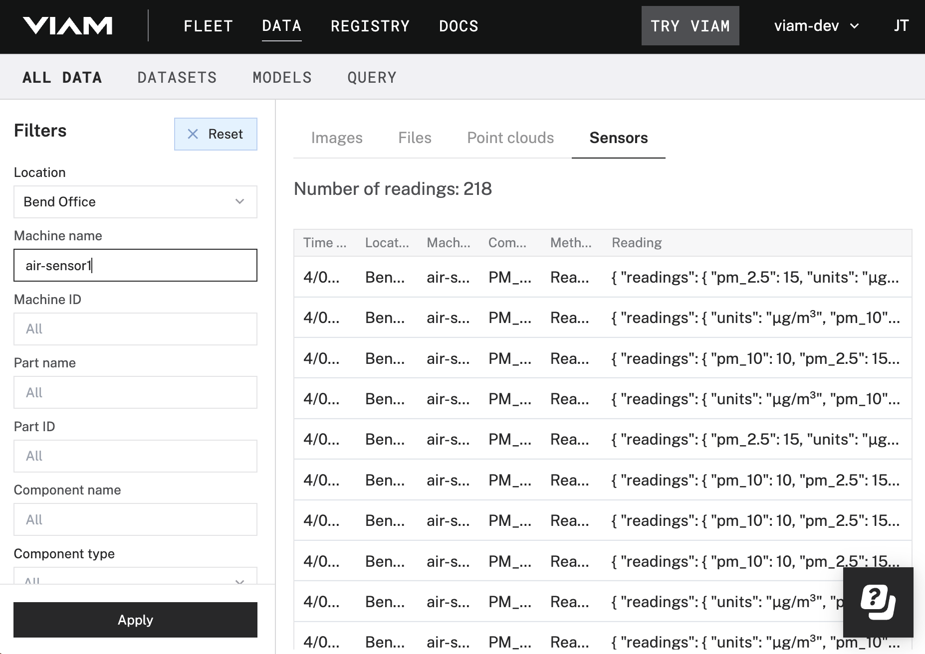 The sensor readings that have synced to the DATA page.