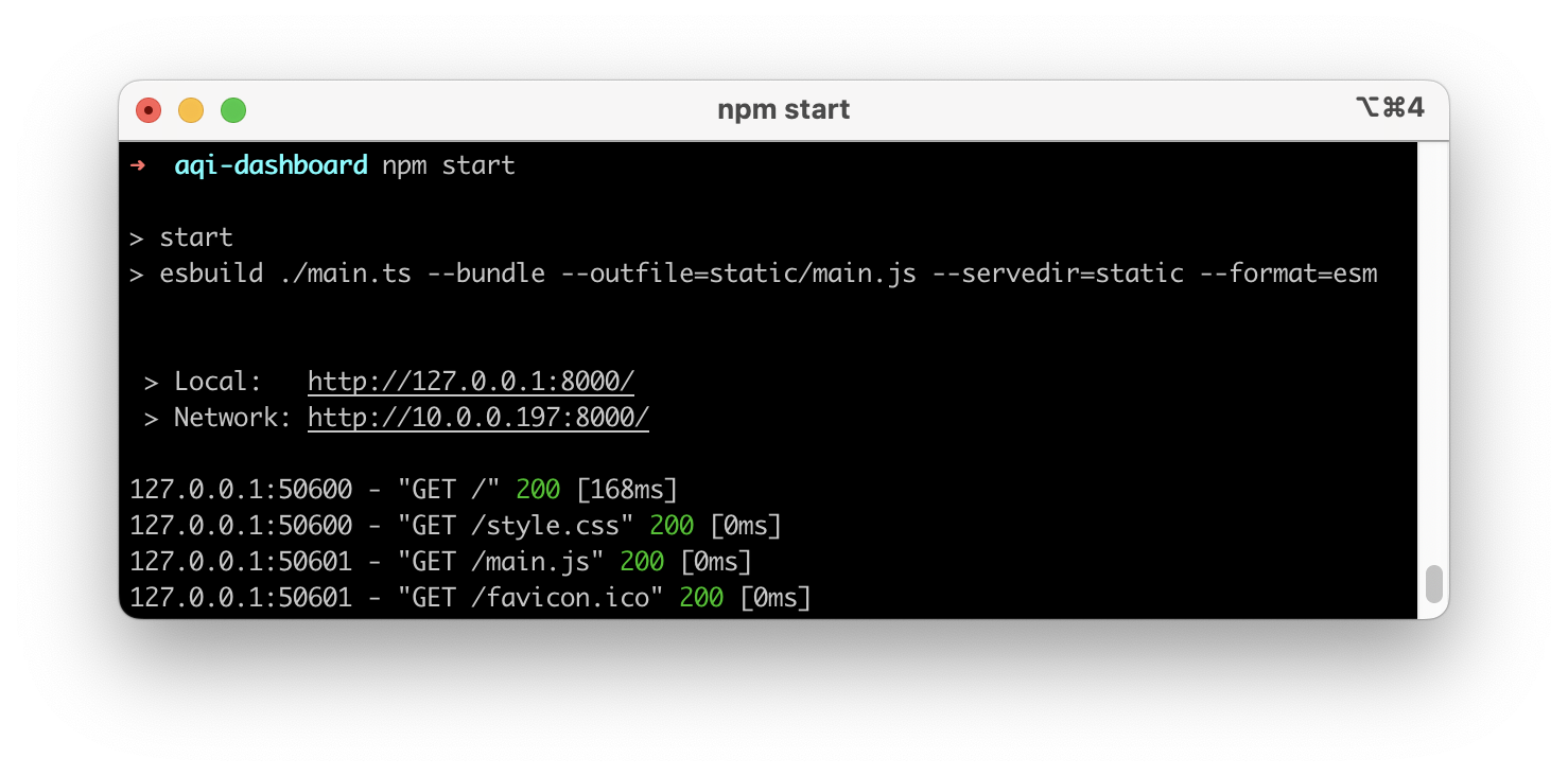 Terminal window with the command ’npm start’ run inside the aqi-dashboard folder. The output says ‘start’ and then ’esbuild’ followed by the esbuild string from the package.json file you configured. Then there’s ‘Local:’ followed by a URL and ‘Network:’ followed by a different URL.