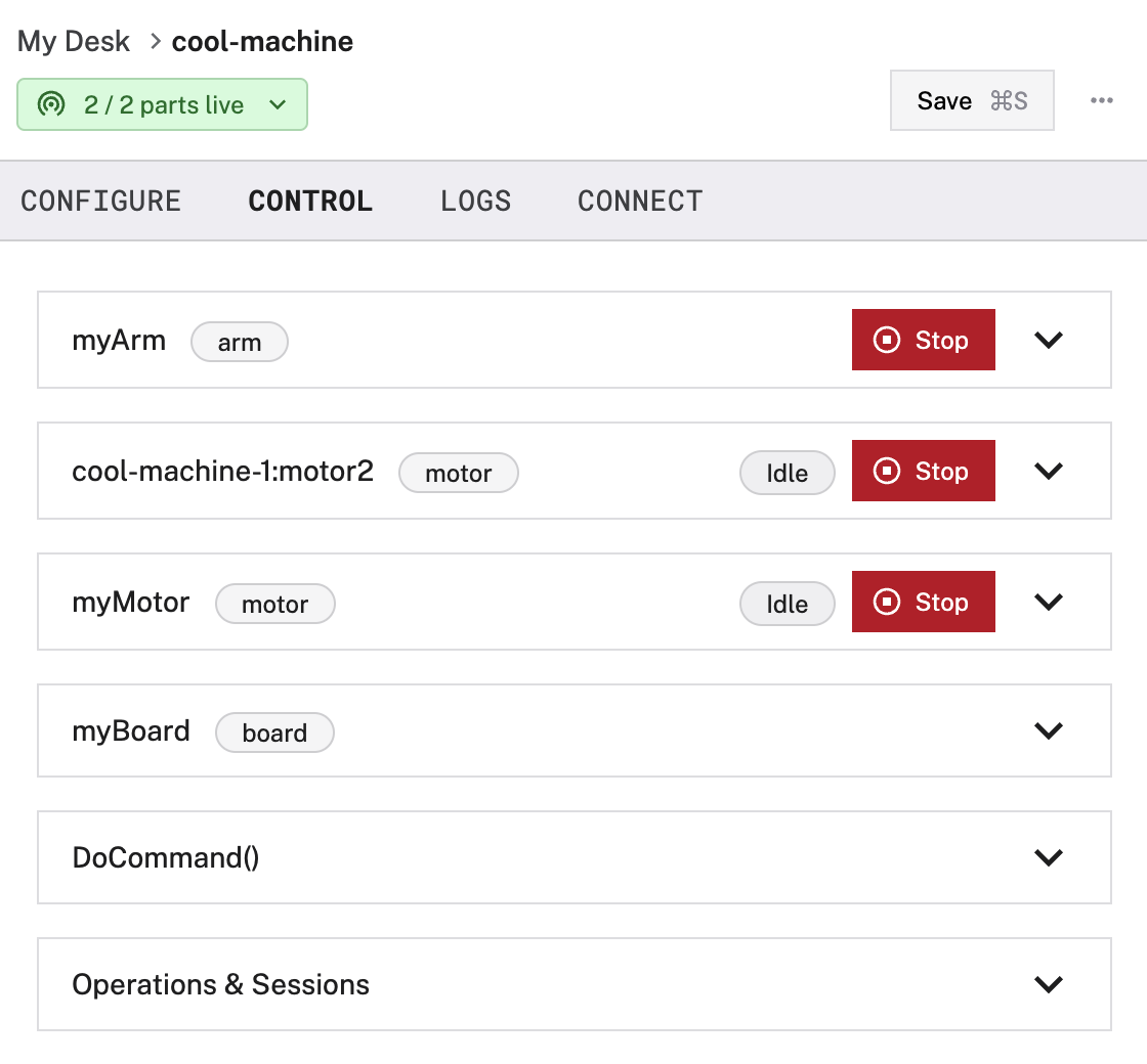 Screenshot of the Viam app's CONTROL tab for the main part that lists the main arm, and the sub part motor component.