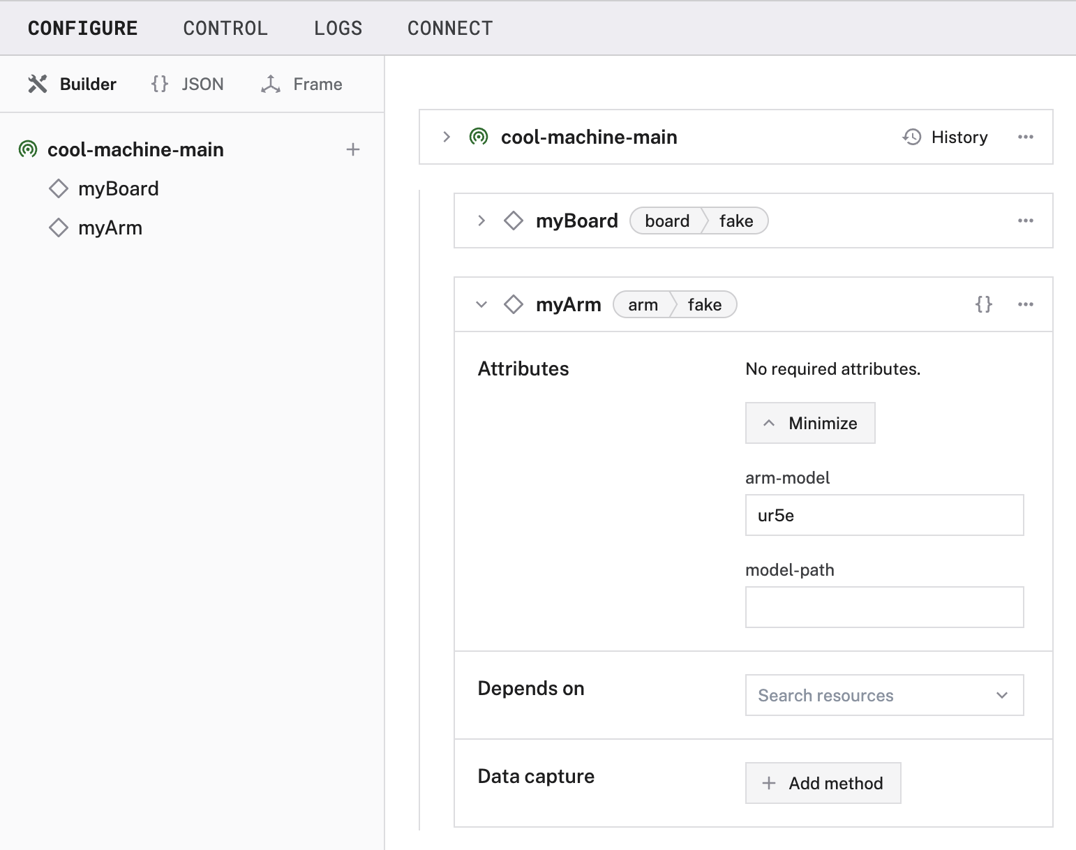 A fake arm being configured in Builder mode in the Viam app CONFIGURE tab.