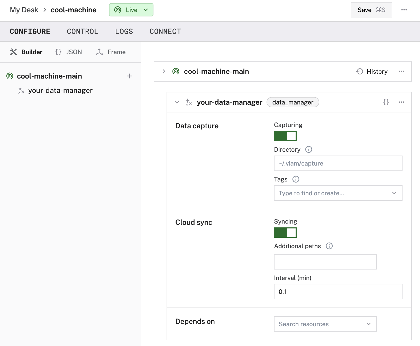 The data management service configuration pane with default settings shown for both capturing and syncing