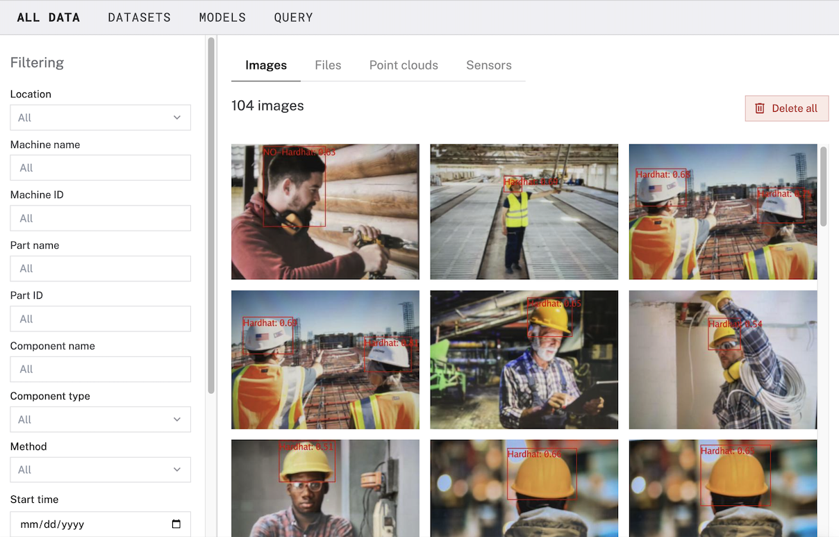 The data manager page in the Viam app, displaying three images of a person with a bounding box labeled NO-Hardhat around her face.