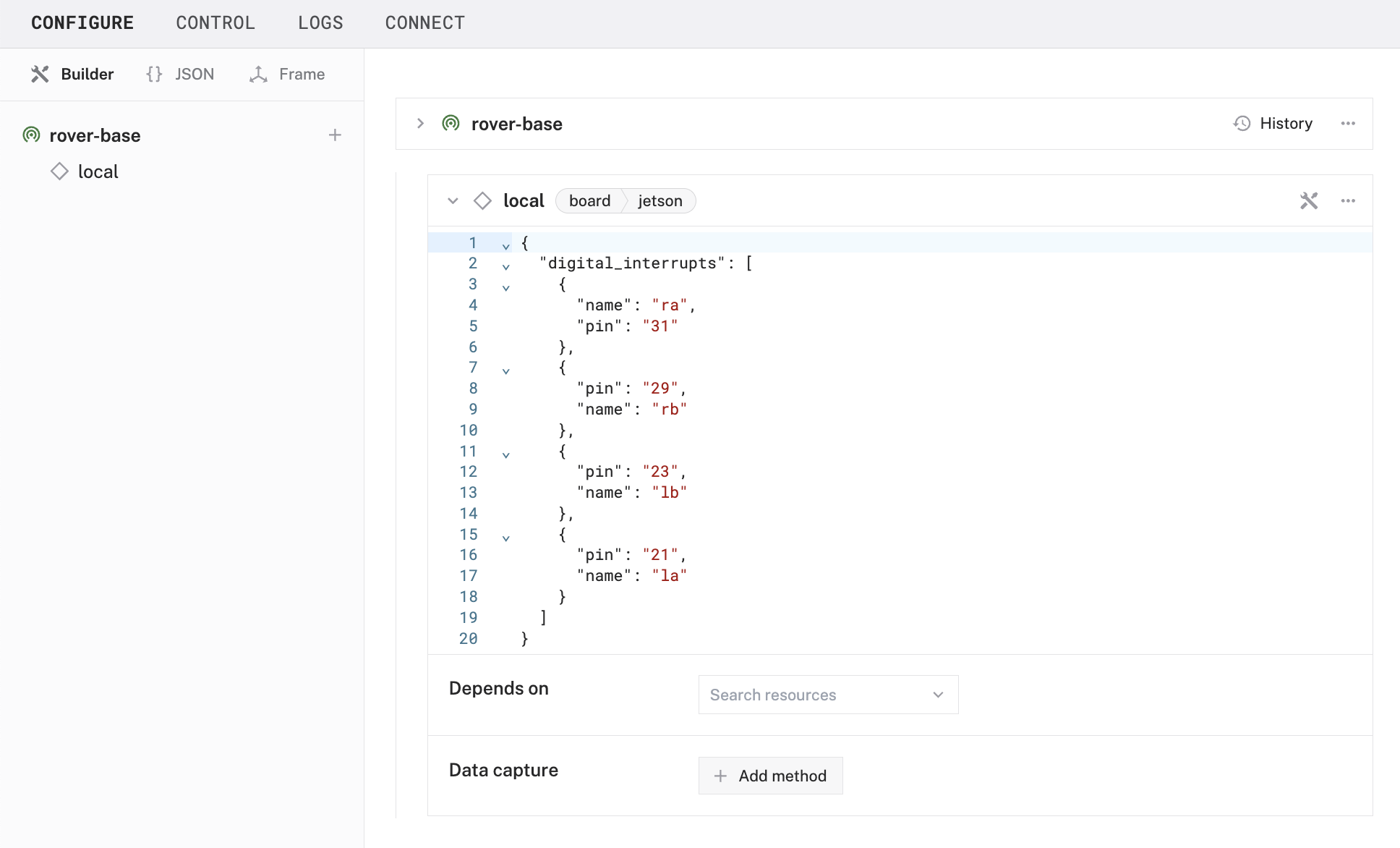 Configuration of a jetson board with digital interrupts in the Viam app config builder.
