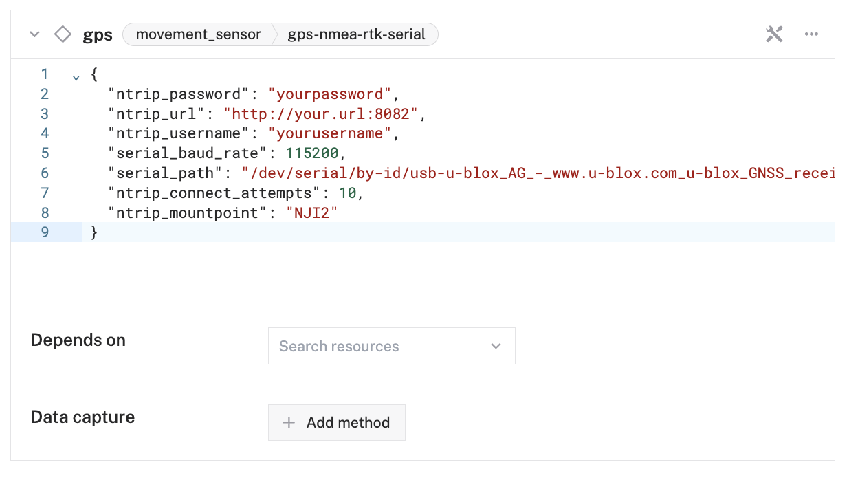 An example configuration for a GPS movement sensor in the Viam app Config Builder.