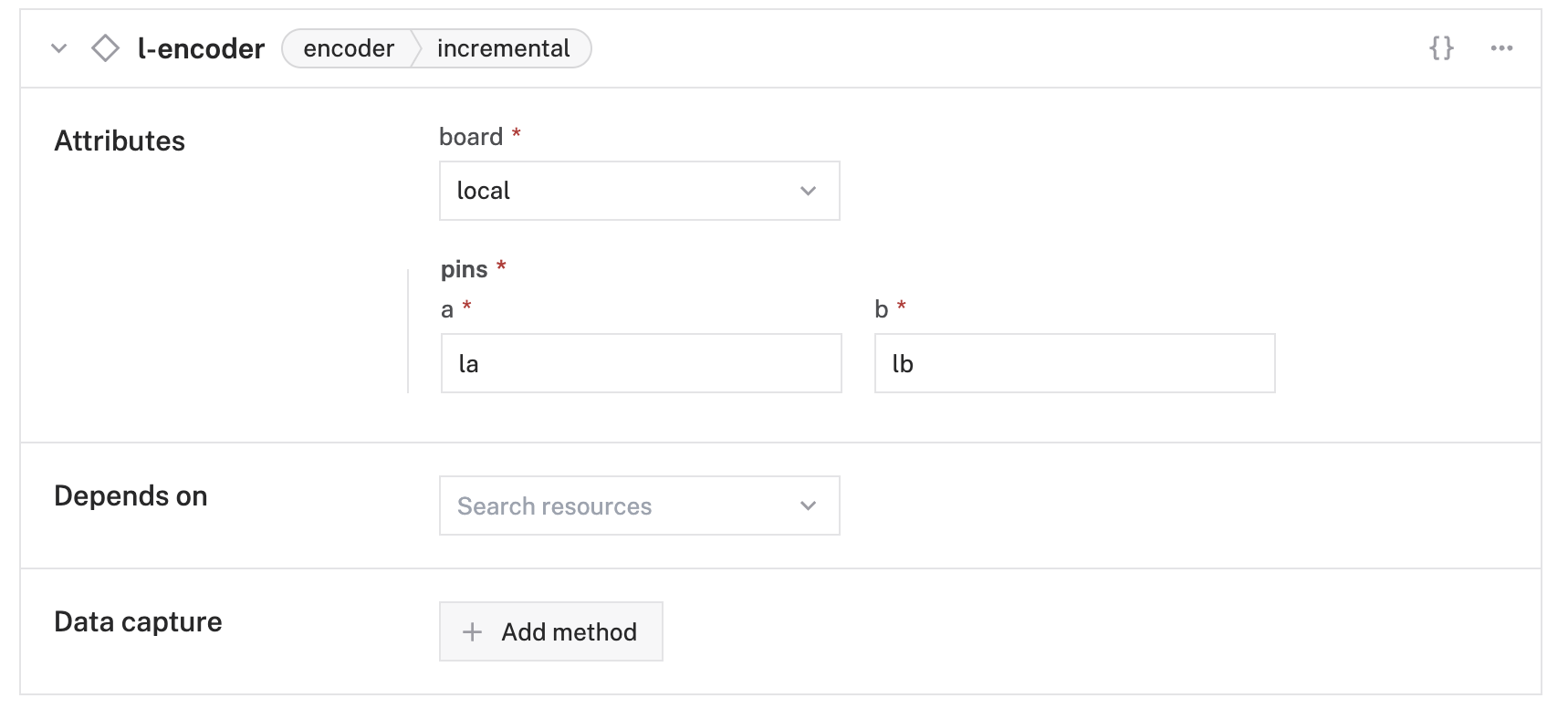 Configuration of a left incremental encoder in the Viam app config builder.