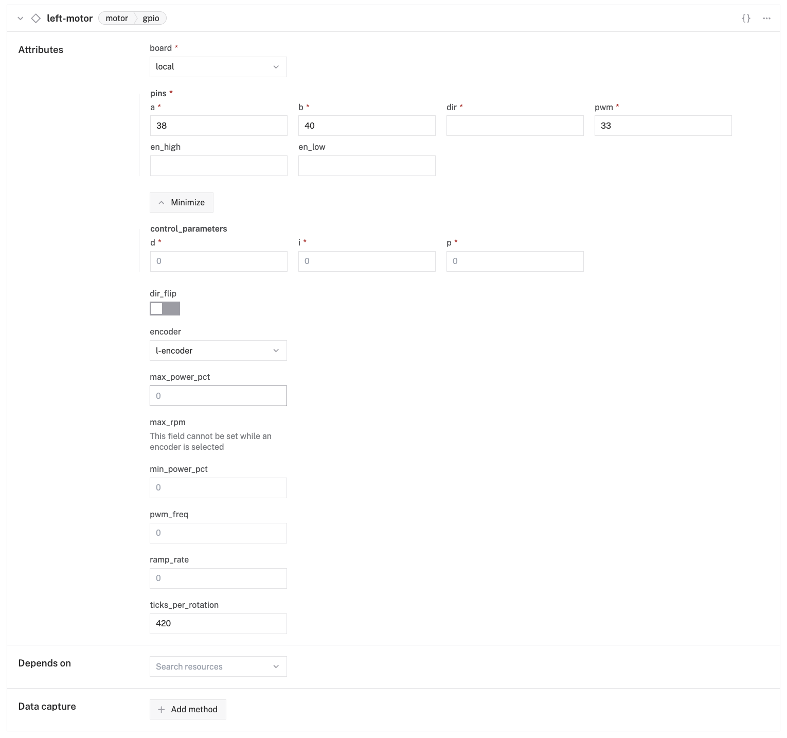 Configuration of a left gpio motor in the Viam app config builder.