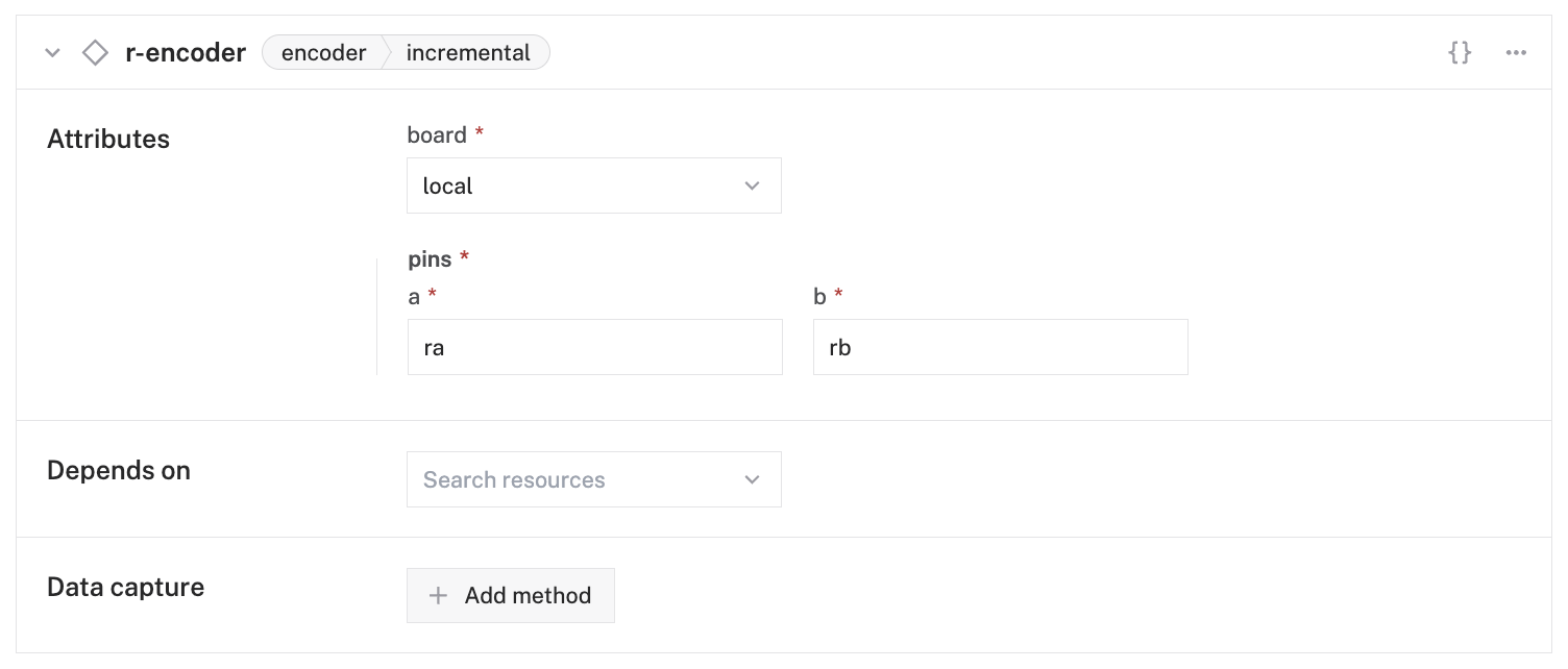 Configuration of a right incremental encoder in the Viam app config builder.