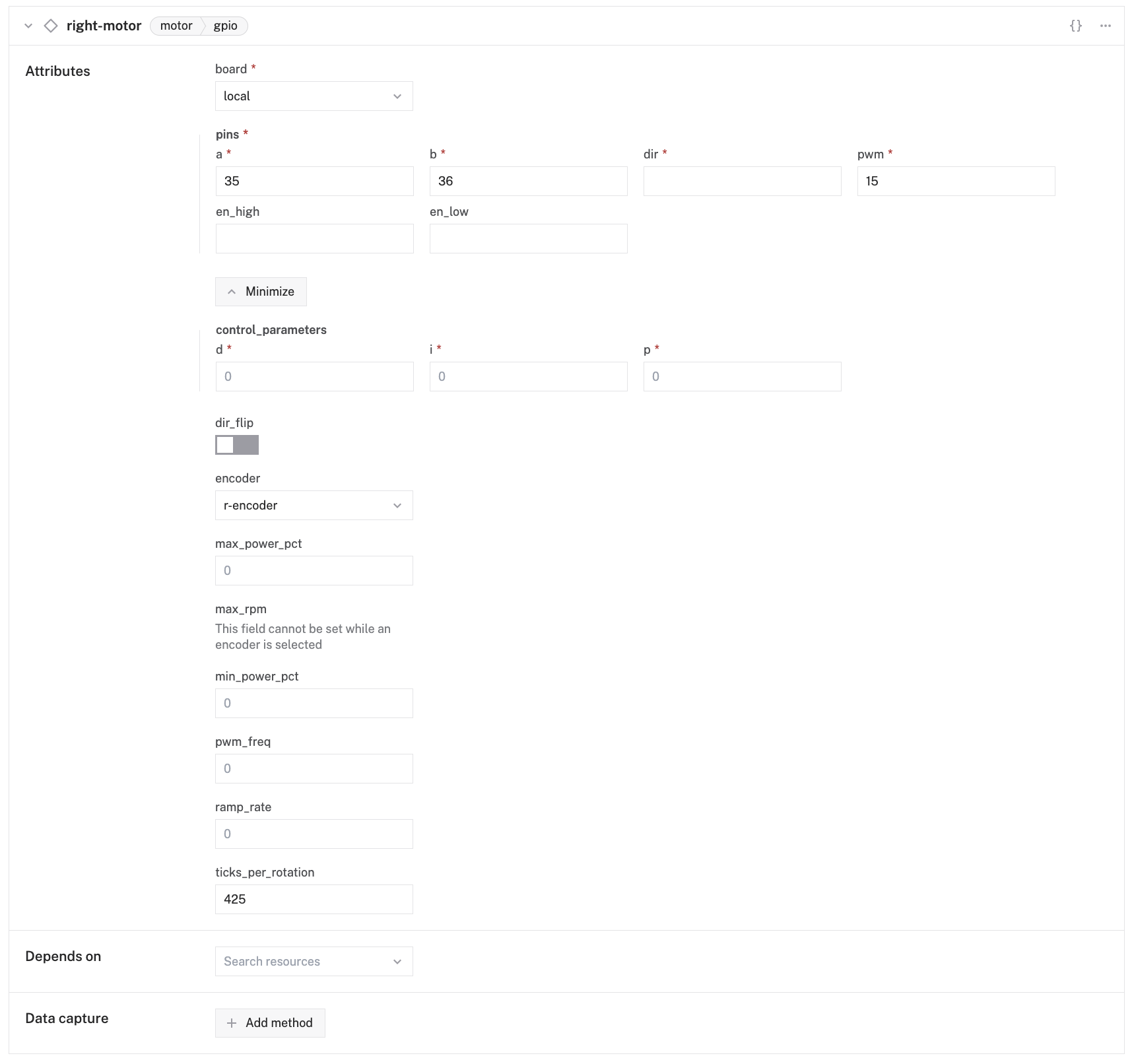 Configuration of a right gpio motor in the Viam app config builder.