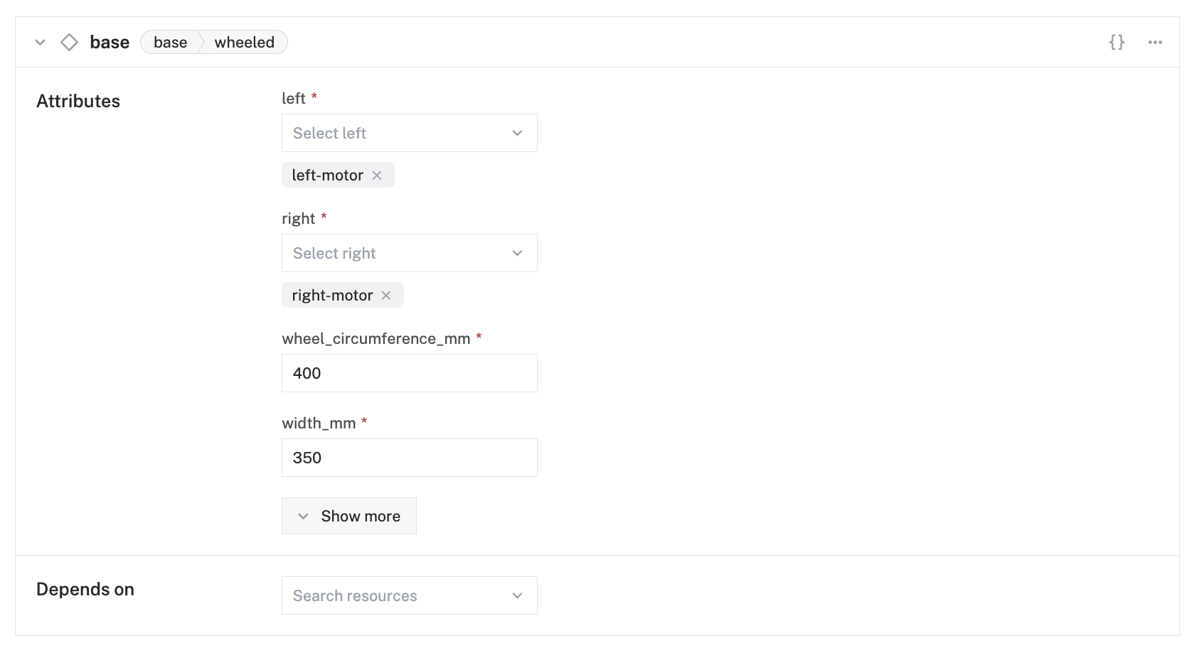 An example configuration for a wheeled base in the Viam app Config Builder.