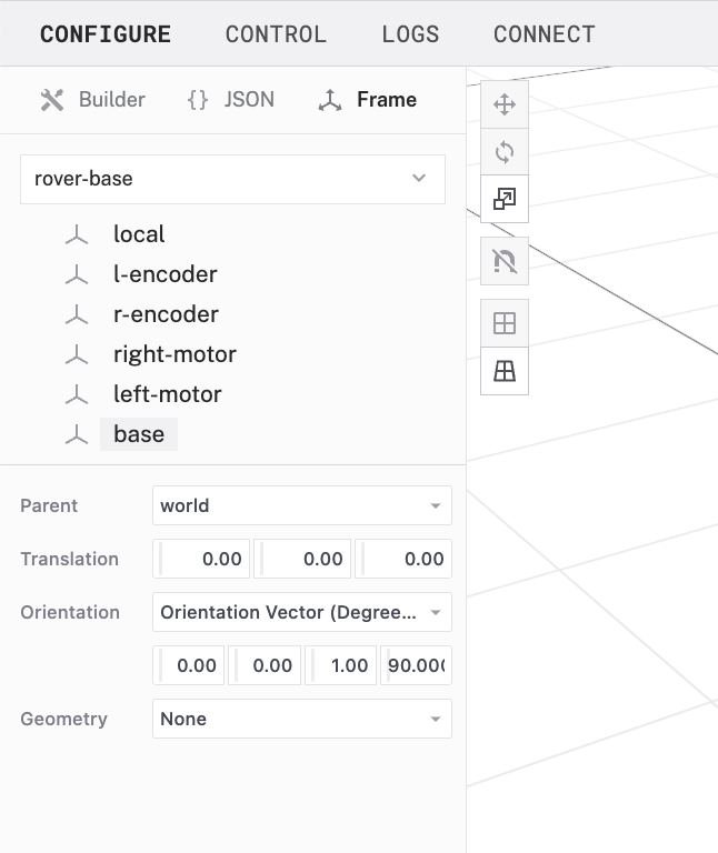 An example configuration for a wheeled base in the Viam app Frame System.