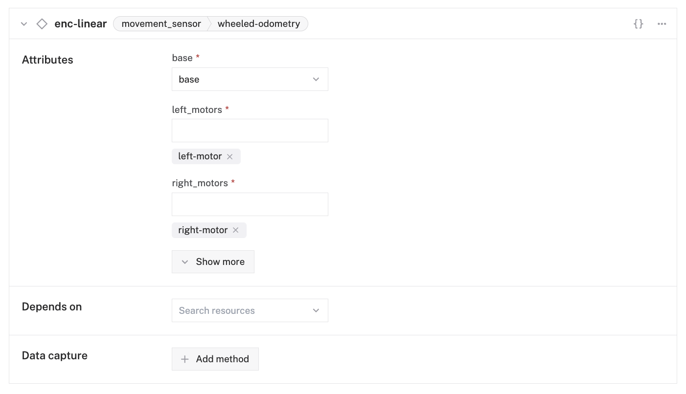 An example configuration for a wheeled-odometry movement sensor in the Viam app Config Builder.