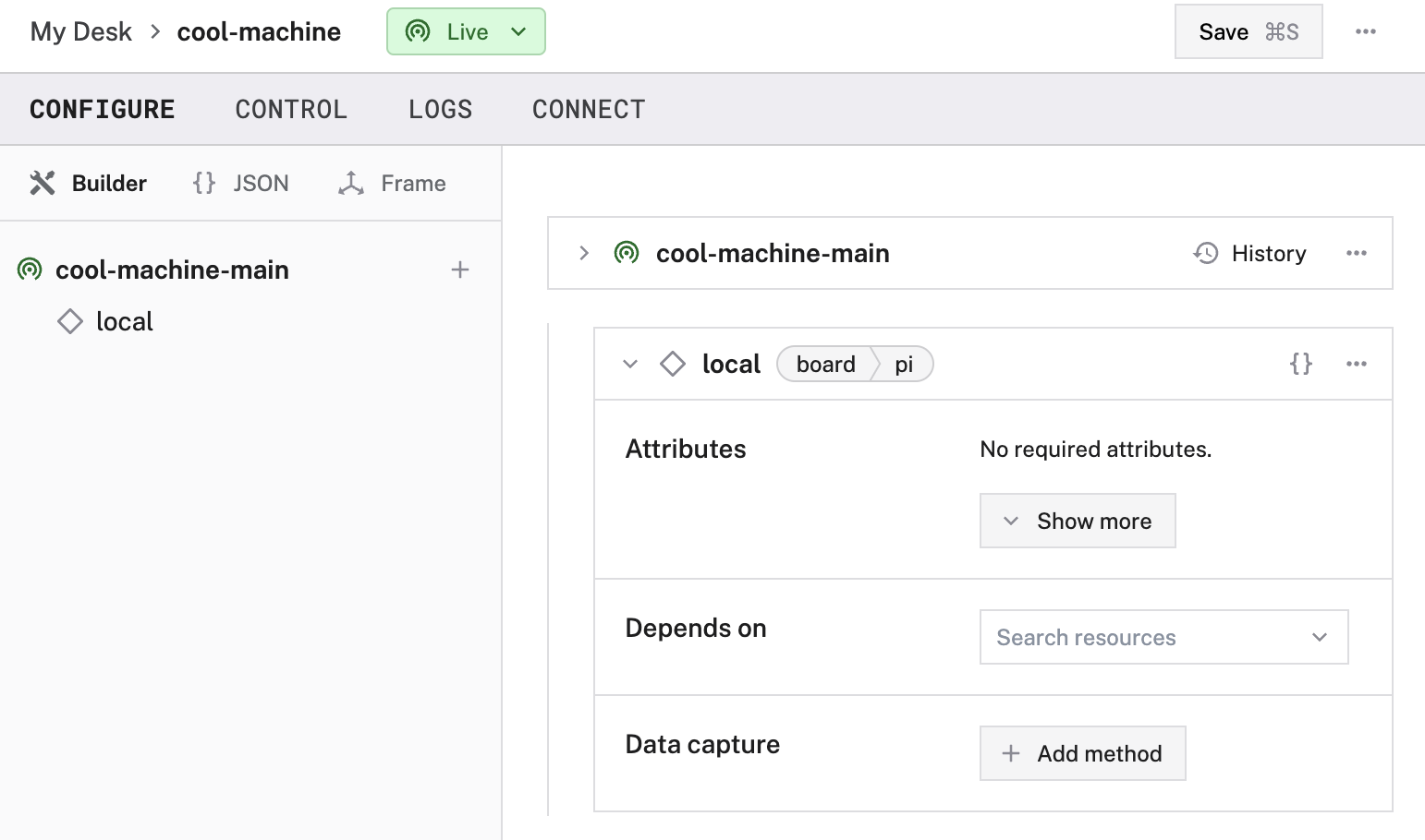 Creation of a pi board in the Viam app config builder.
