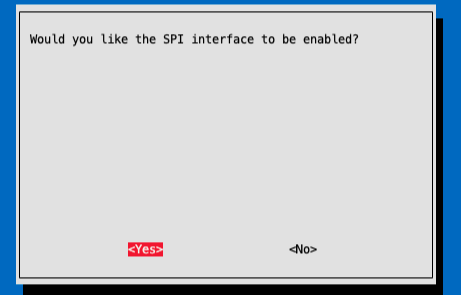 Raspi-config Tool interface with Yes selected for SPI enablement.